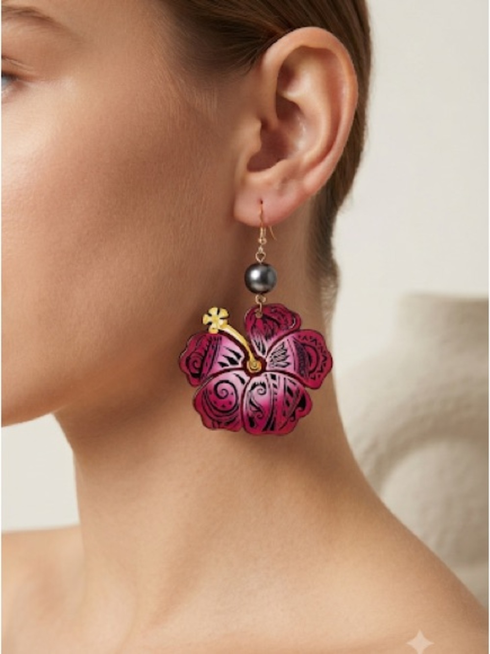 Hawaiian Tribal Hibiscus Earrings | Magenta Tahitian Pearl Tropical Dangles